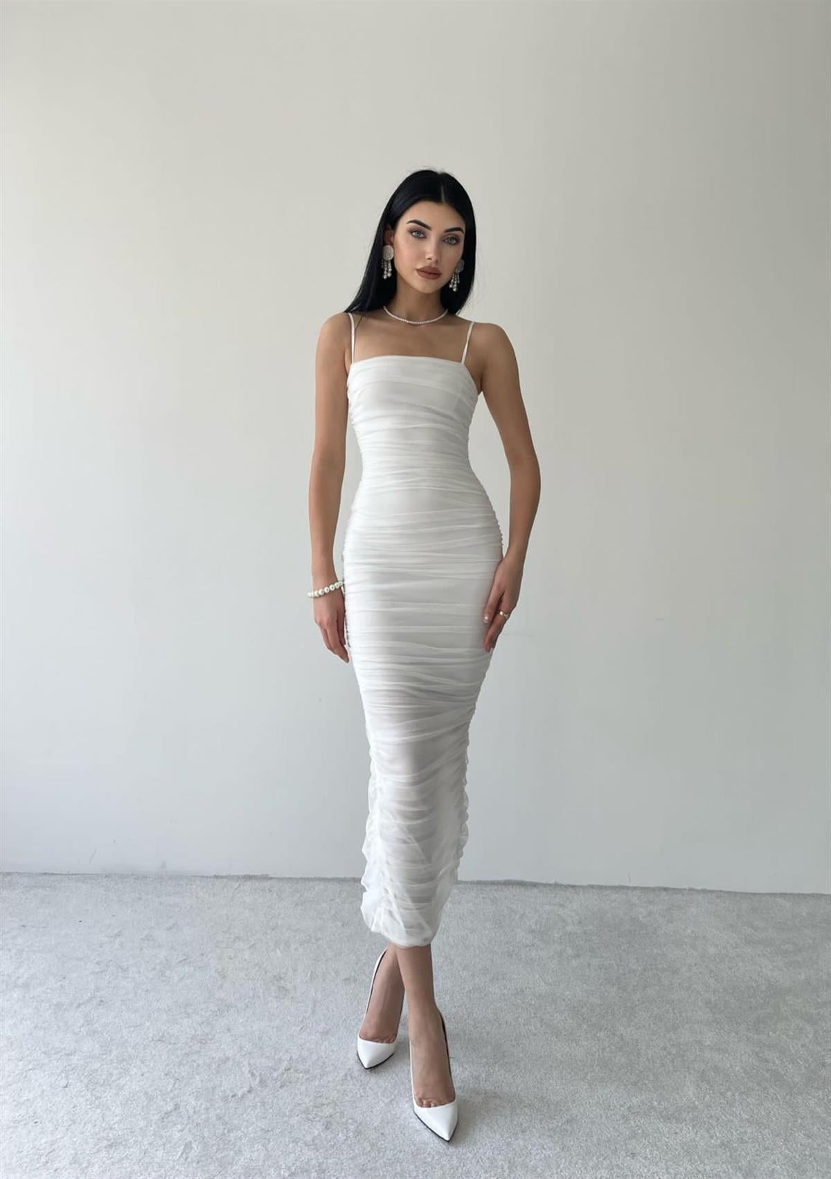 Valerie Askılı Midi Boy Tül Elbise 