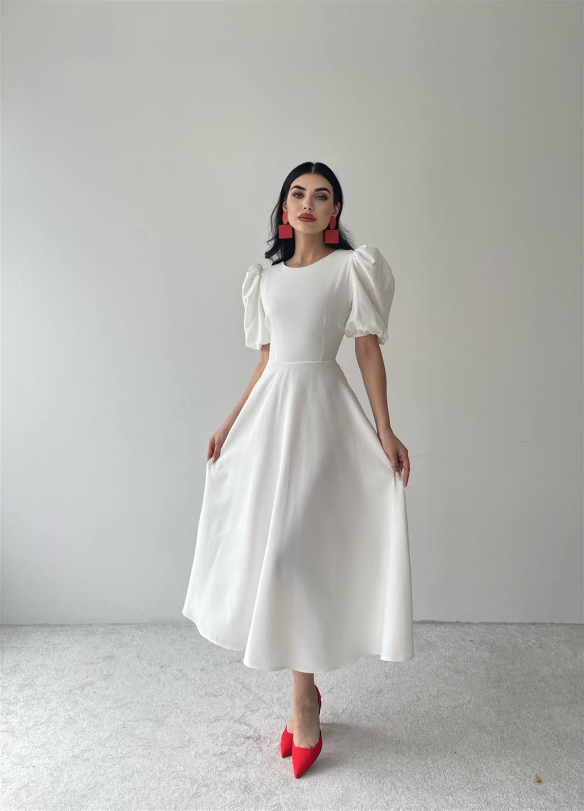 Viki Midi Boy Kloş Elbise-4414 - Beyaz