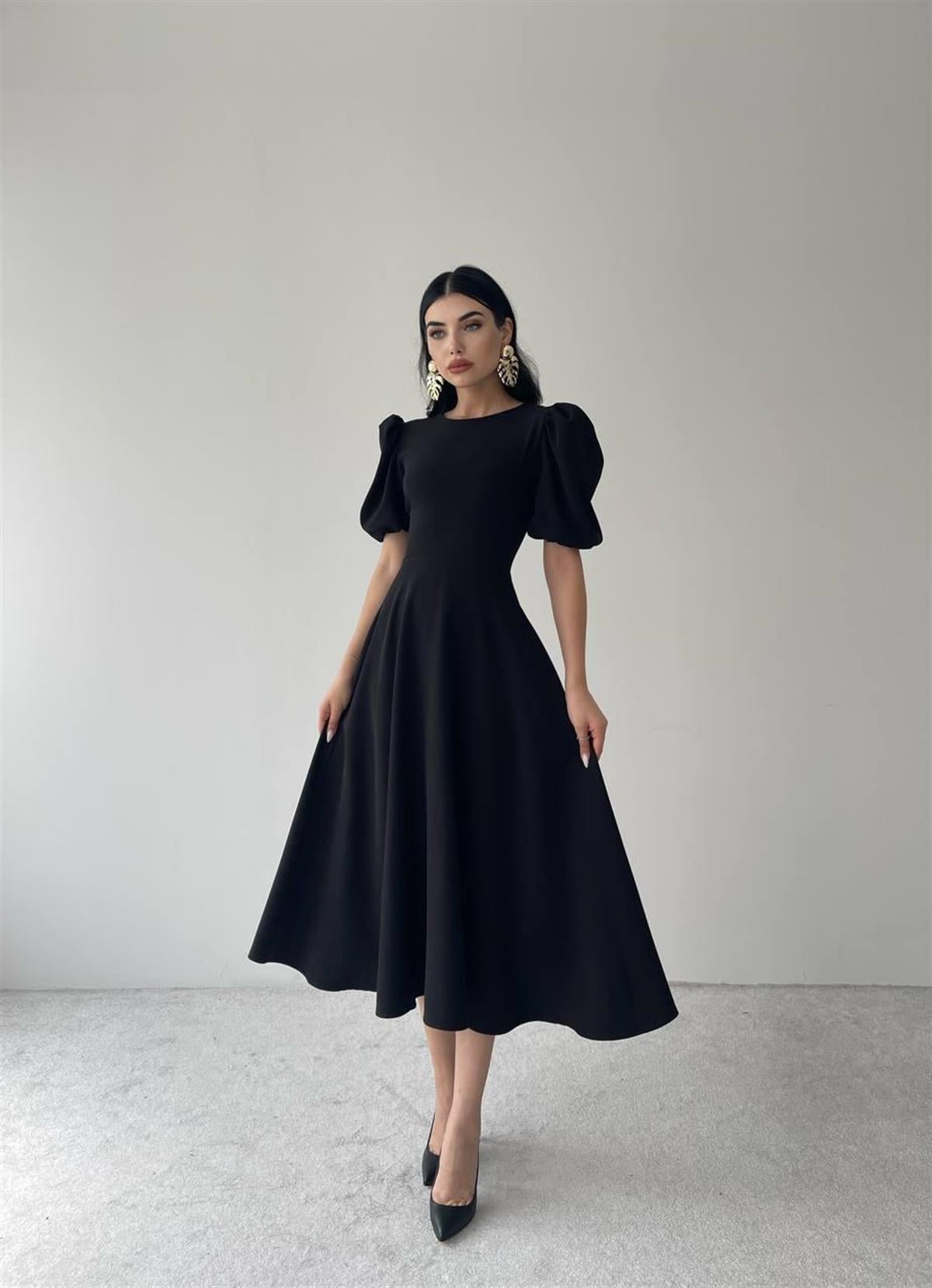 Viki Midi Boy Kloş Elbise-4414 - Siyah