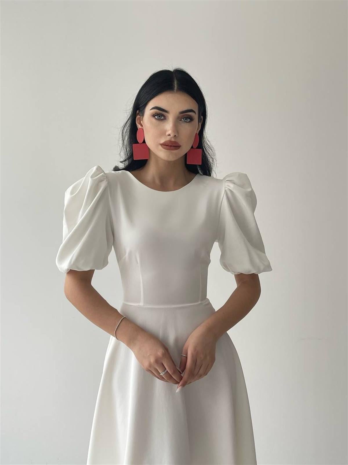 Viki Midi Boy Kloş Elbise-4414 - Beyaz