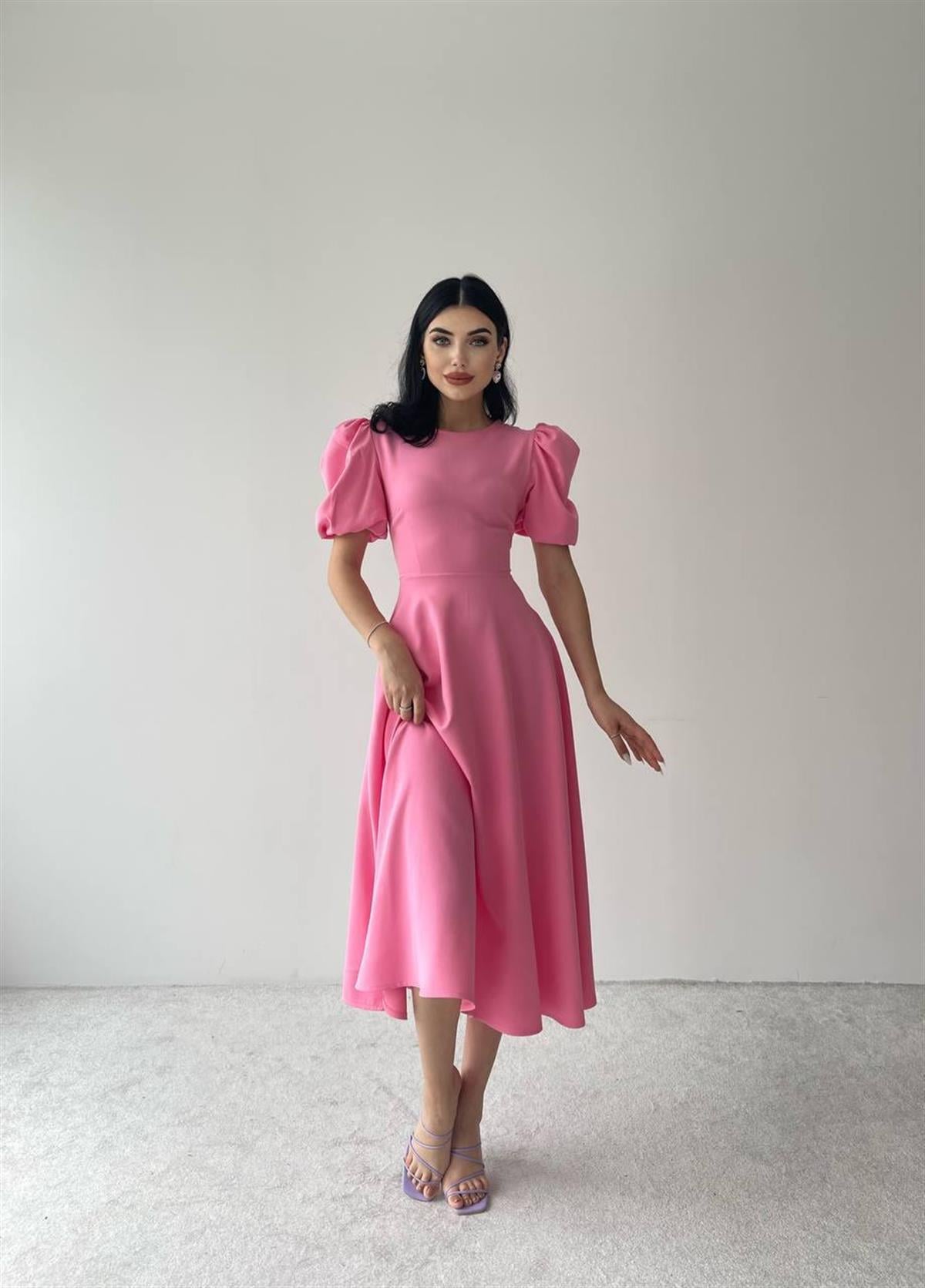 Viki Midi Boy Kloş Elbise-4414 - Pembe