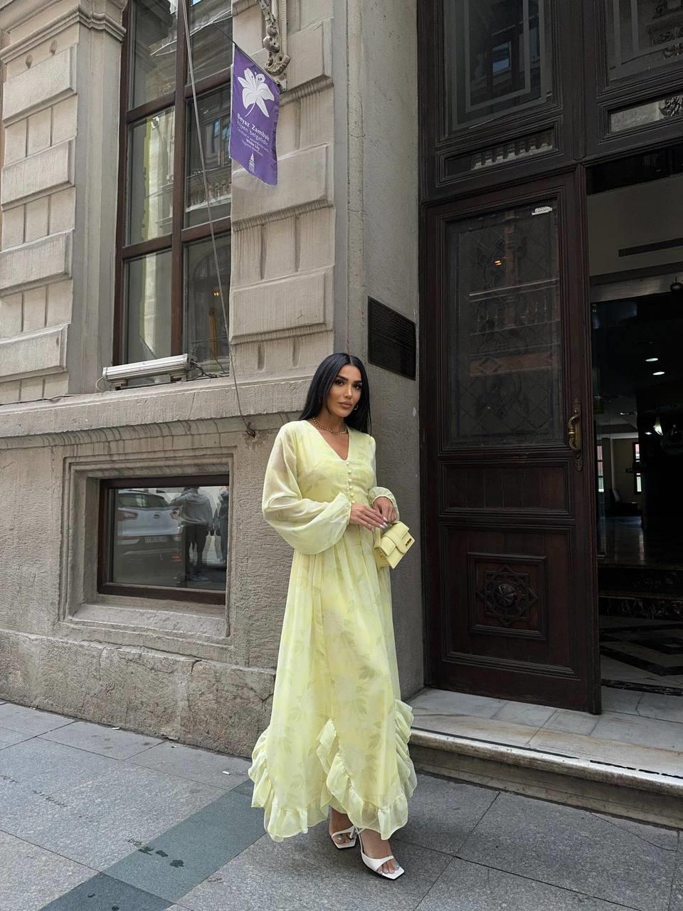 Zerda Uzun Kol Şifon Düğmeli Elbise