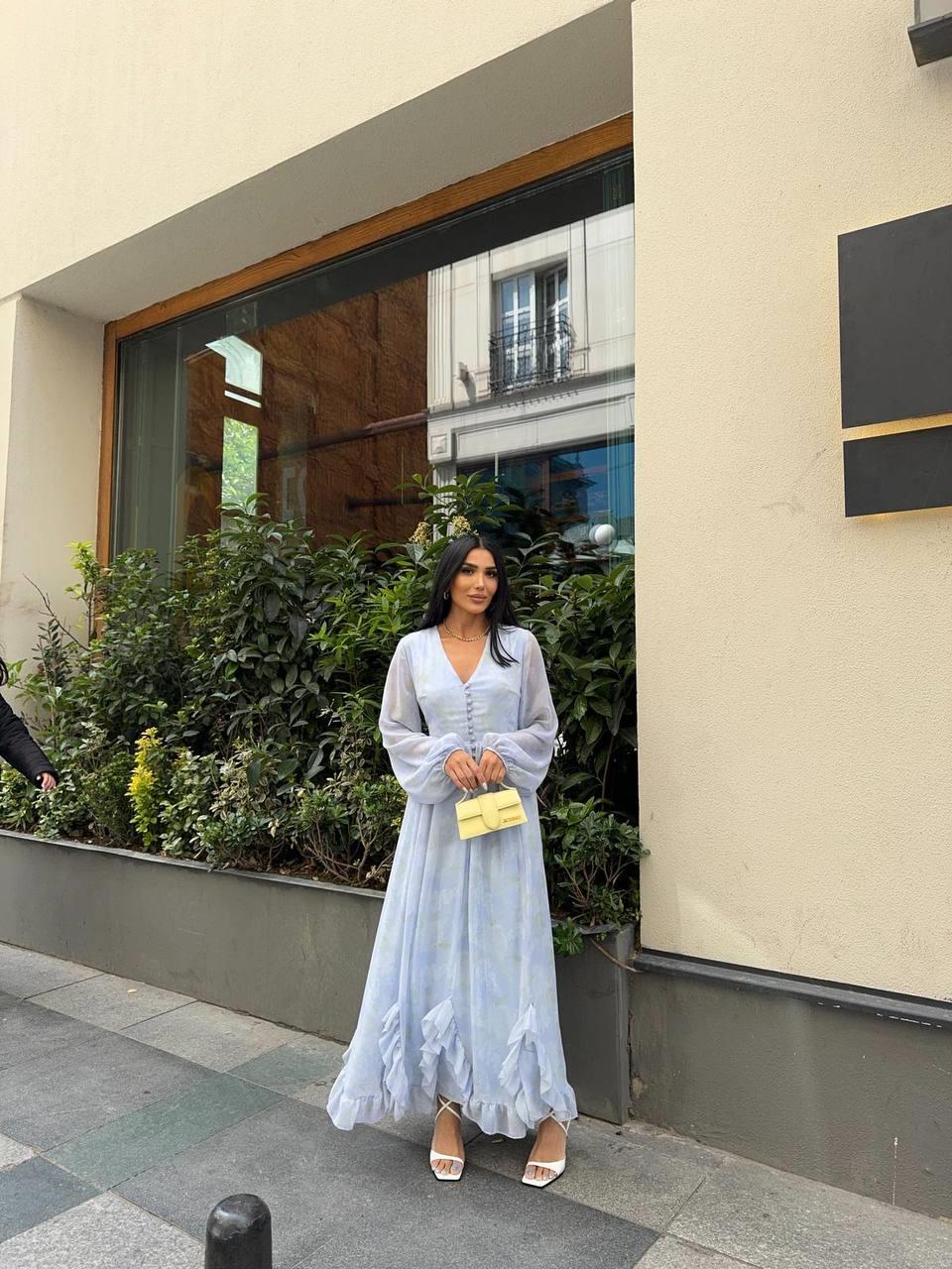 Zerda Uzun Kol Şifon Düğmeli Elbise