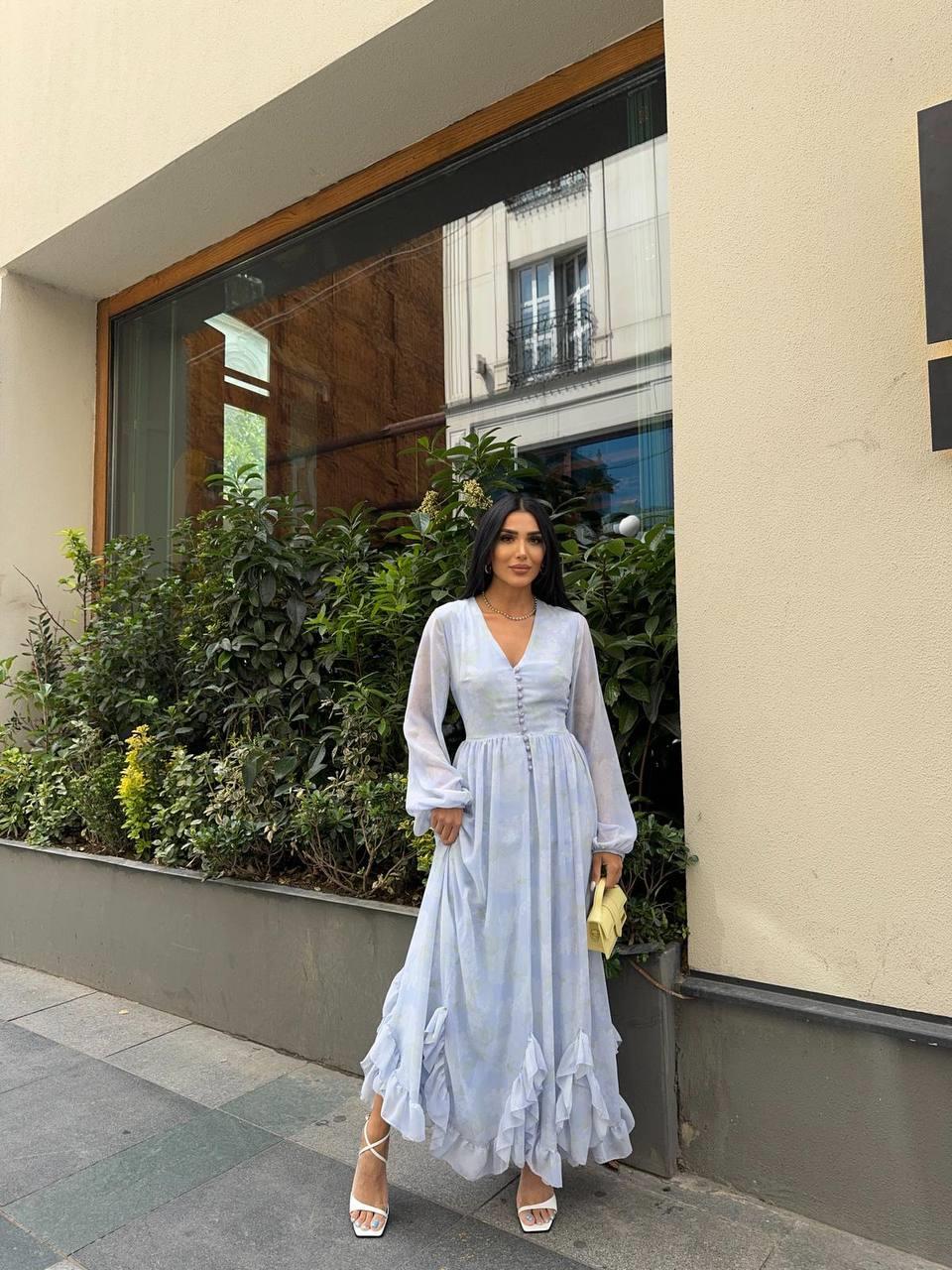 Zerda Uzun Kol Şifon Düğmeli Elbise