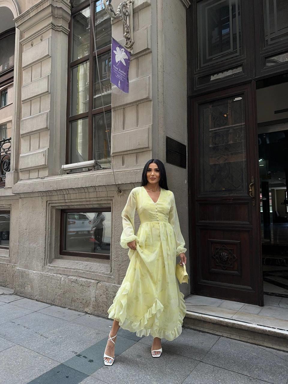 Zerda Uzun Kol Şifon Düğmeli Elbise