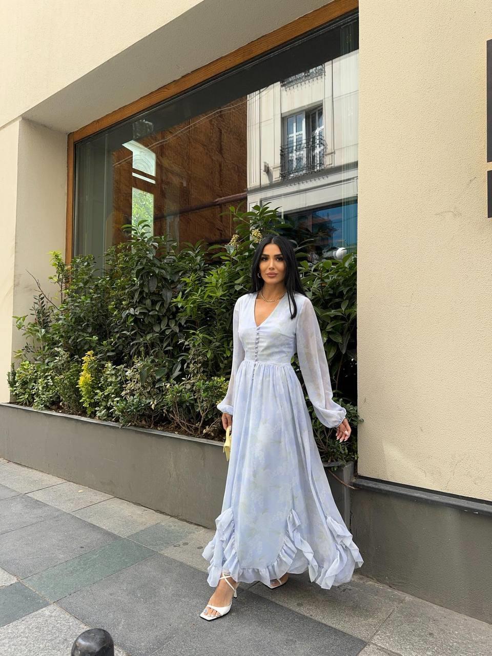 Zerda Uzun Kol Şifon Düğmeli Elbise