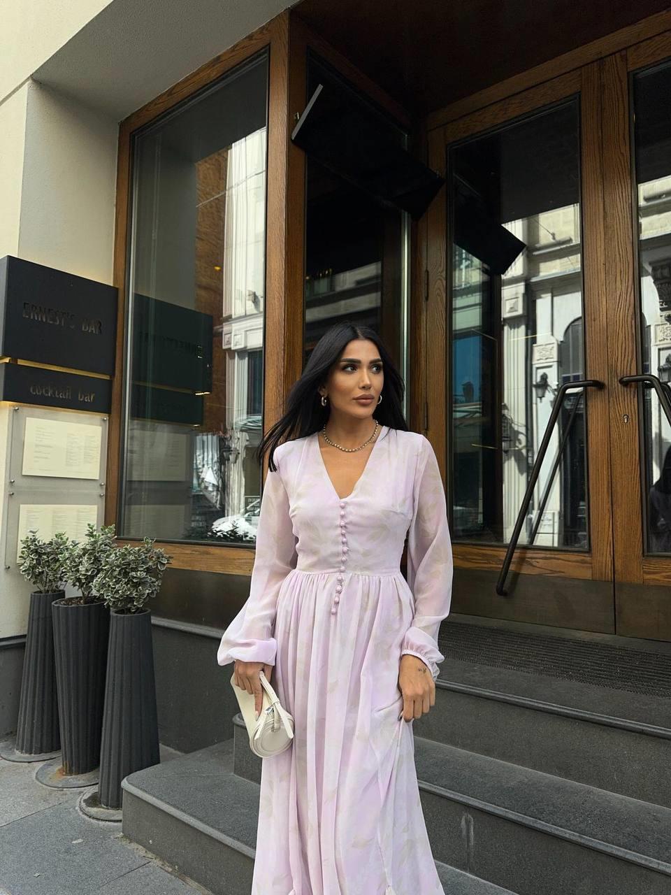 Zerda Uzun Kol Şifon Düğmeli Elbise