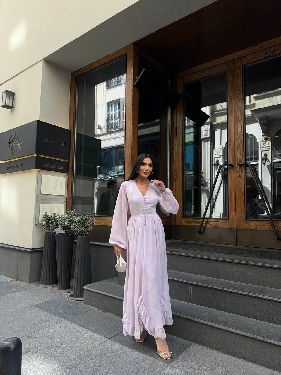 Zerda Uzun Kol Şifon Düğmeli Elbise