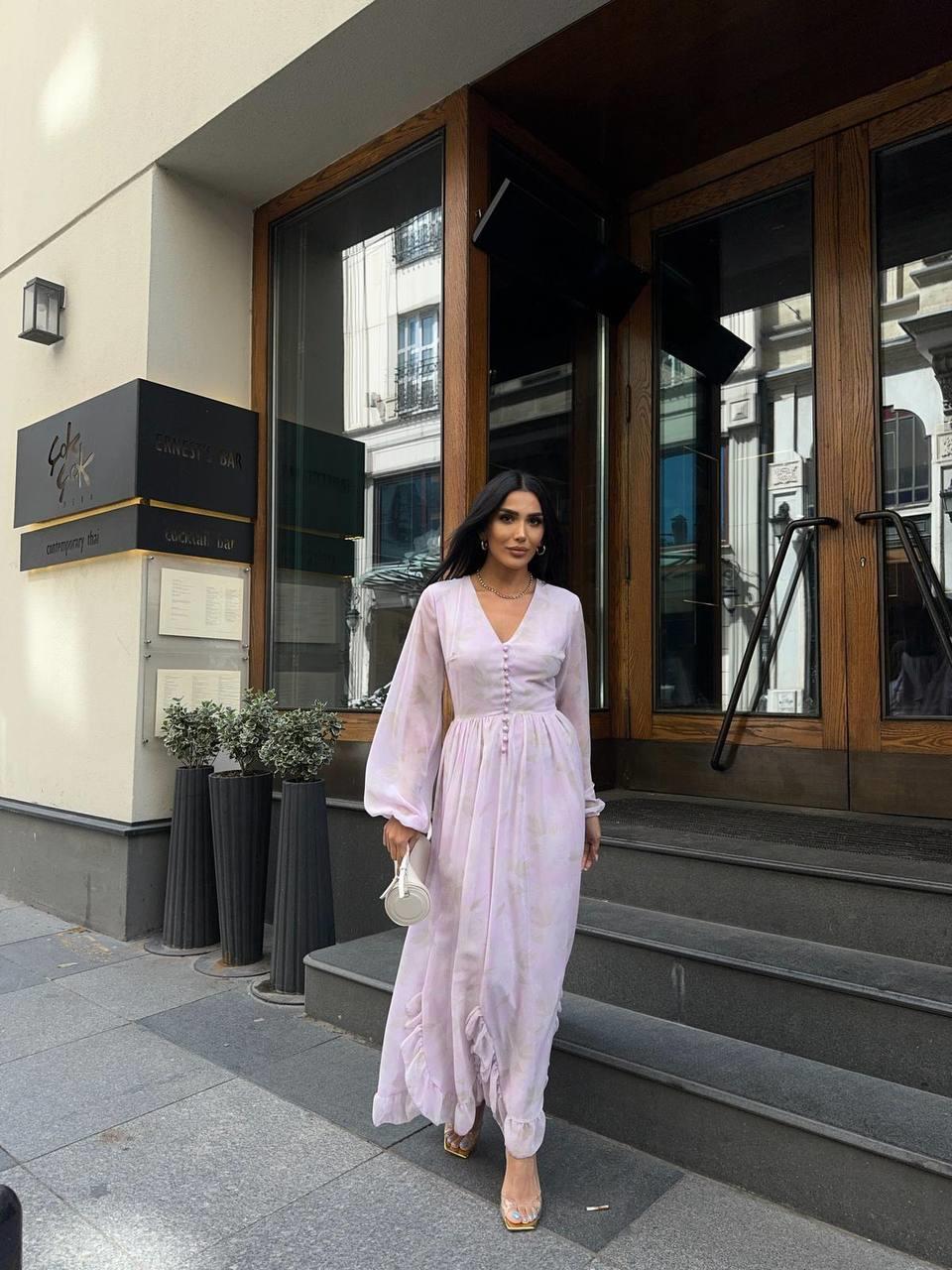 Zerda Uzun Kol Şifon Düğmeli Elbise