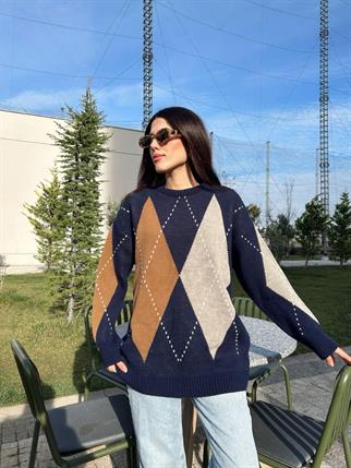  Kadın Bisiklet Yaka Lacivert Baklava Desenli  Kazak