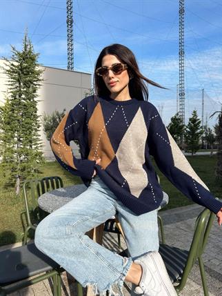  Kadın Bisiklet Yaka Lacivert Baklava Desenli  Kazak