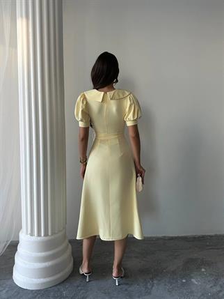 	Bebe Yaka Gold Düğmeli Atlas Midi Elbise