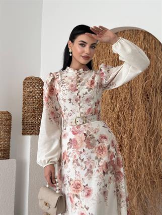 Orlena Düğme Detay Kemerli Uzun Elbise 