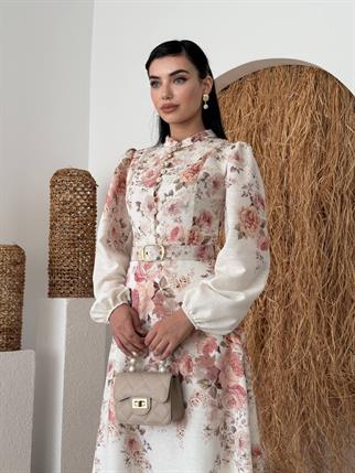 Orlena Düğme Detay Kemerli Uzun Elbise 