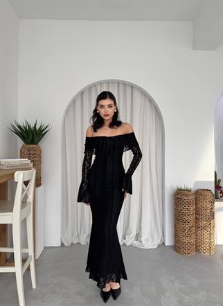 Lumina Dantel Kumaş Açık Omuz Uzun Elbise