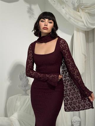 Olin Şallı Dantel Uzun Elbise