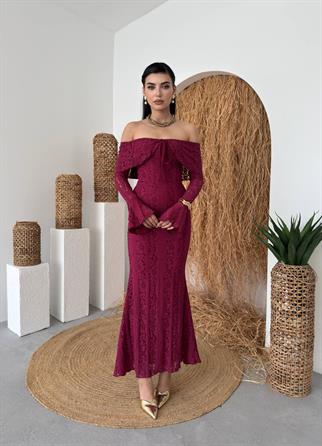 Lumina Dantel Kumaş Açık Omuz Uzun Elbise