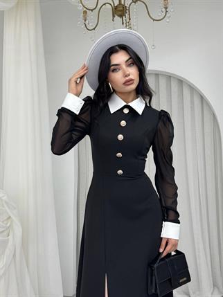 Evona Yırtmaç Detaylı Düğmeli Elbise