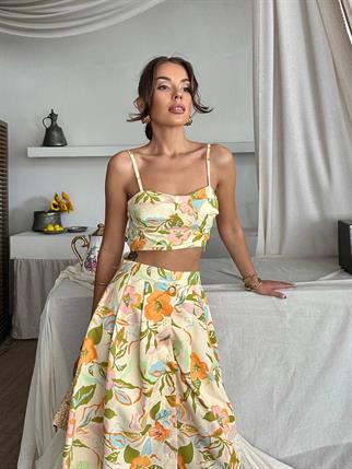 Dalia Çiçek Baskılı Keten Midi Elbise