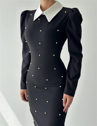 Perlina İnci Boncuk Detay Gömlek Yaka Uzun Elbise