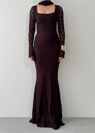 Olin Şallı Dantel Uzun Elbise 