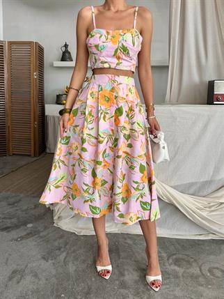 Dalia Çiçek Baskılı Keten Midi Elbise