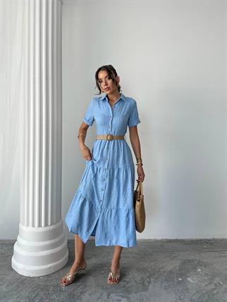 Sofya Keten Kemerli Mİdi Elbise