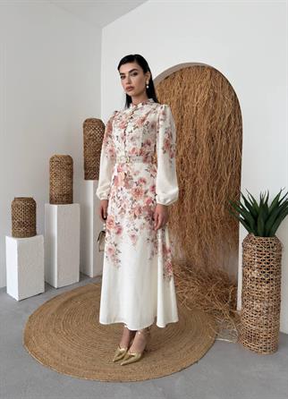 Orlena Düğme Detay Kemerli Uzun Elbise 