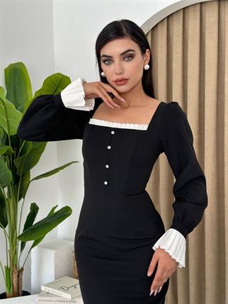 Kadın Tasarım Düğme Detay Manşet Kol Midi Elbise