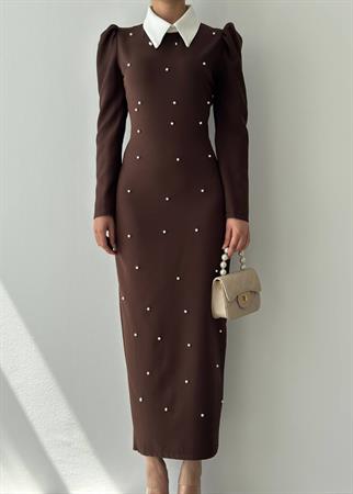 Perlina İnci Boncuk Detay Gömlek Yaka Uzun Elbise