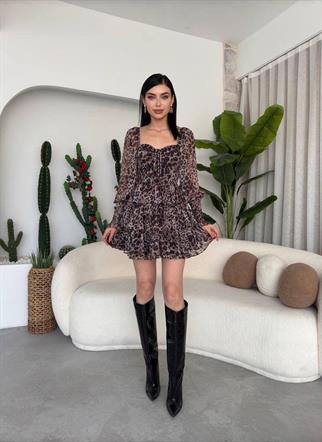 Savina Leopar Desen Volanlı Kalp Yaka Mini Elbise
