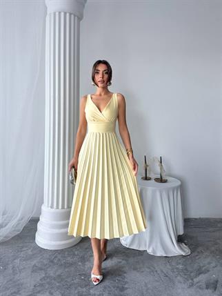 Alyosa Pileli V Yaka Midi Elbise