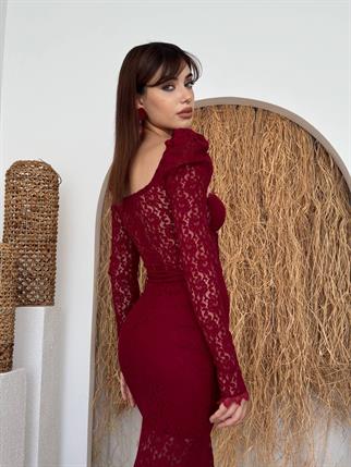 Royal Dantel Detay Yırtmaçlı Uzun Elbise