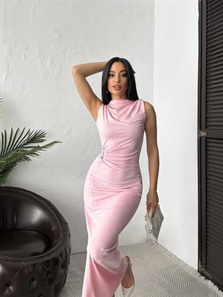 Minimal Glam Sandy Aksesuarlı Maxi Elbise