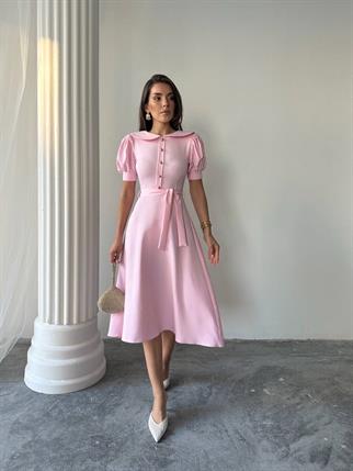 	Bebe Yaka Gold Düğmeli Atlas Midi Elbise