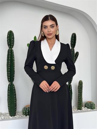 Velora Düğme Detay Vatkalı Uzun Elbise 