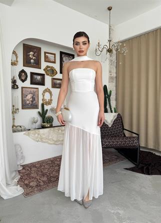 Manen Şal Detaylı Atlas Elbise