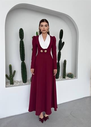 Velora Düğme Detay Vatkalı Uzun Elbise