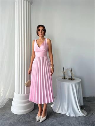 Alyosa Pileli V Yaka Midi Elbise