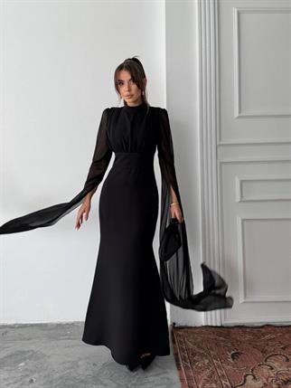 Karen Tül Kol Korsaj Bağlamalı Uzun Elbise