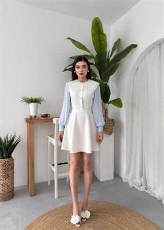 Ravena Dantel Yaka Şifon Kol Detay Mini Elbise