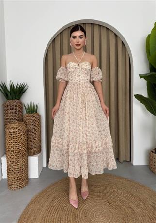 Laysa Boyundan Bağlamalı Çiçekli Şifon Elbise