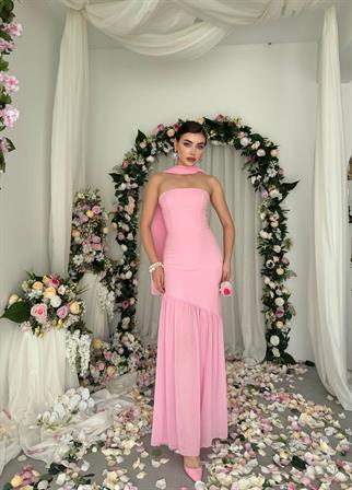 Manen Şal Detaylı Atlas Elbise