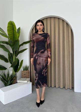 Davina Tül Tasarım Uzun Kollu Midi Elbise