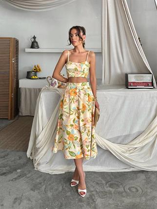 Dalia Çiçek Baskılı Keten Midi Elbise