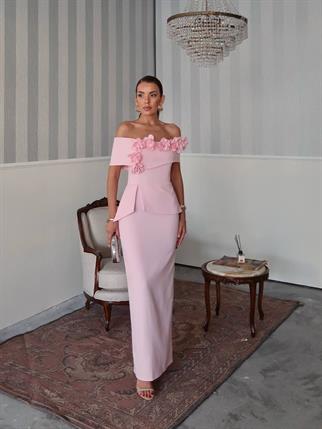 Rina Tasarım Çiçek Detay Uzun Elbise