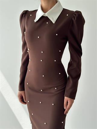 Perlina İnci Boncuk Detay Gömlek Yaka Uzun Elbise