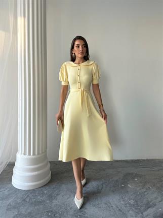 	Bebe Yaka Gold Düğmeli Atlas Midi Elbise