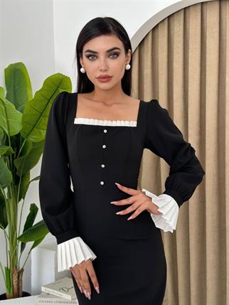 Kadın Tasarım Düğme Detay Manşet Kol Midi Elbise