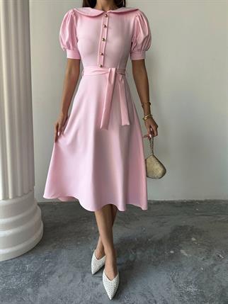 	Bebe Yaka Gold Düğmeli Atlas Midi Elbise